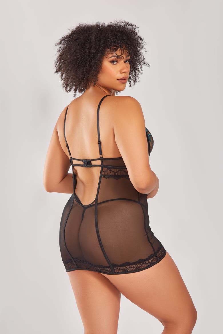 Embroidered Mesh Peekaboo Chemise Set, Alternate, color, Teal-Black