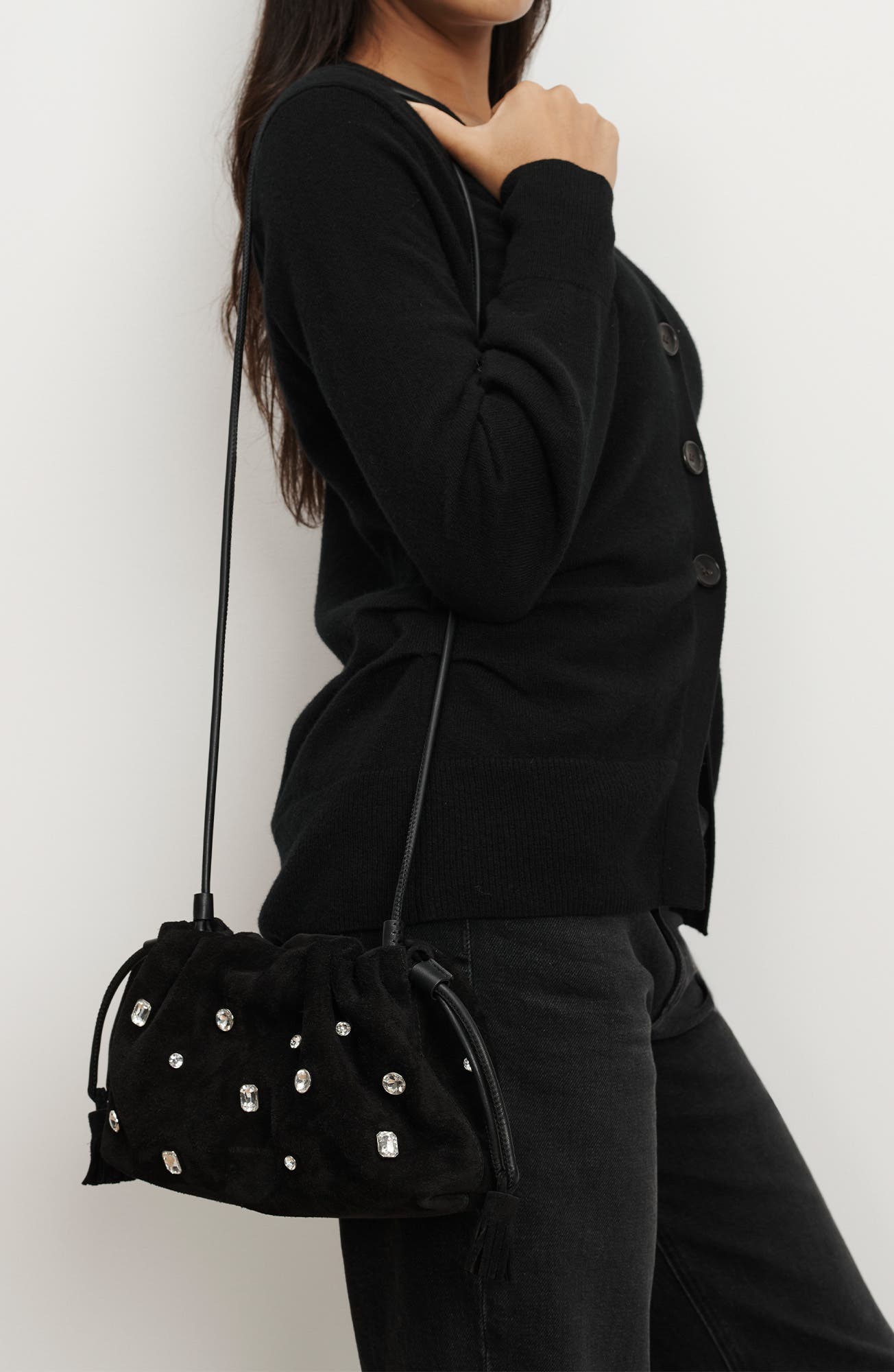 Veronica Beard Small Stash Crystal Leather Drawstring Clutch, Alternate, color, Black