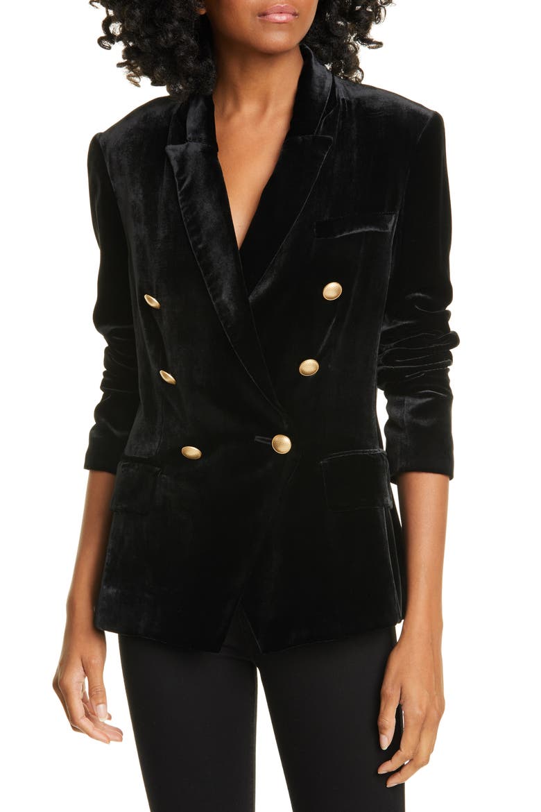 Kenzie Double Breasted Velvet Blazer, Main, color, BLACK