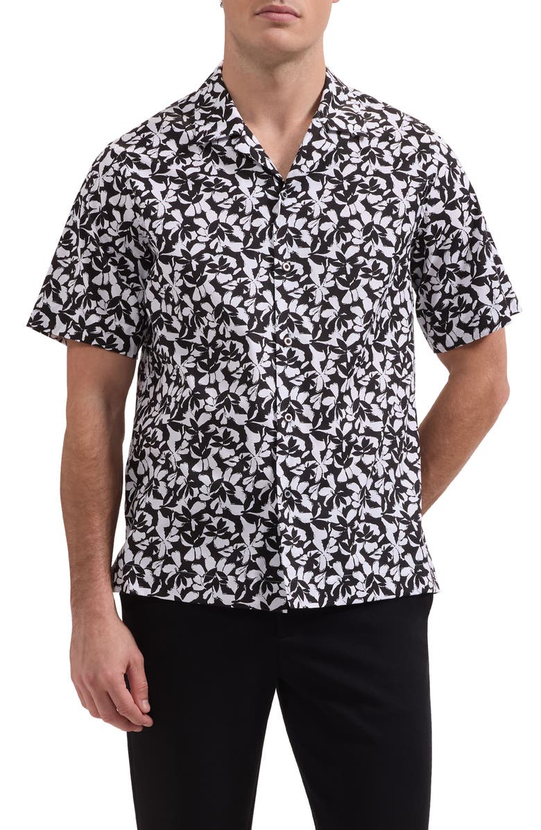 Bugatchi Jackson Print Camp Shirt, Main, color, Black