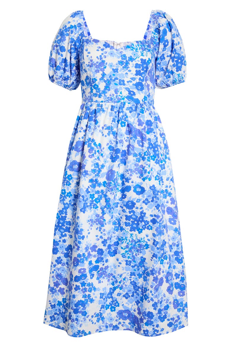 Carli Floral Alessi Puff Sleeve Cotton Midi Dress, Alternate, color, WHITE-BLUES-MULTI