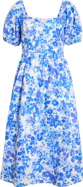 SUGARLIPS Carli Floral Alessi Puff Sleeve Cotton Midi Dress