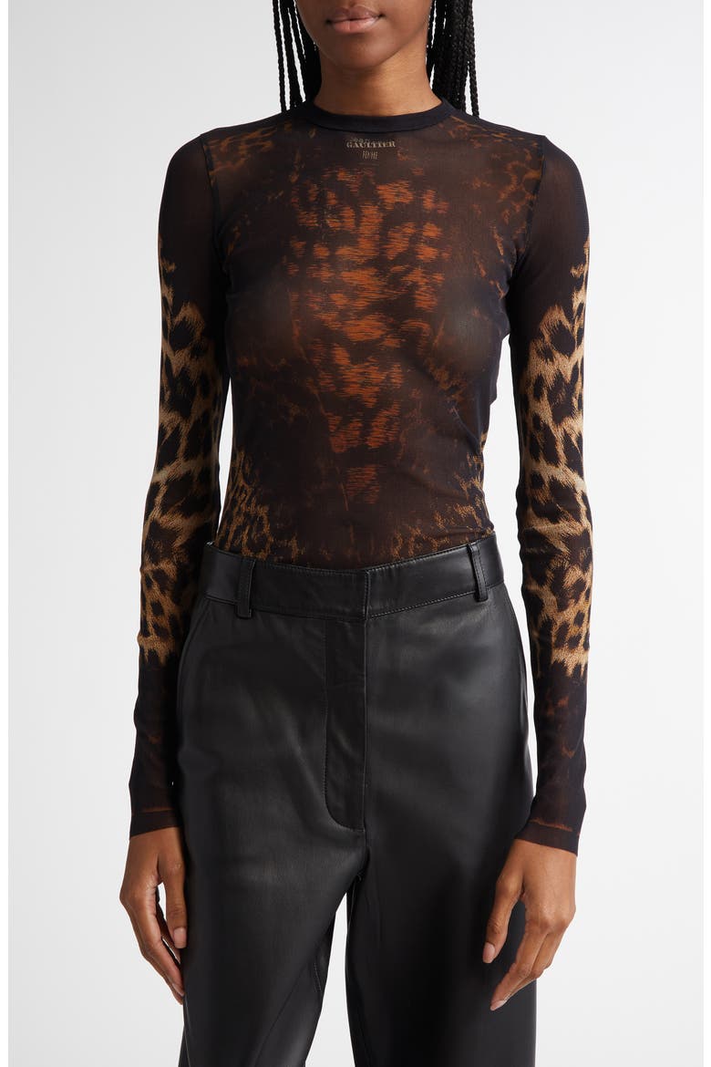 Leopard Print Long Sleeve Mesh Top, Main, color, BEIGE/ BROWN/ DARK BROWN