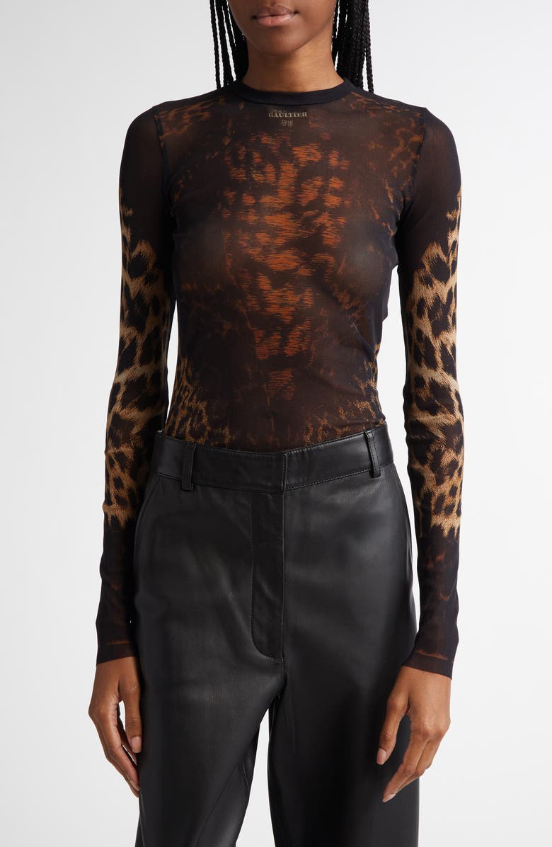 Jean Paul Gaultier Leopard Print Long Sleeve Mesh Top, Main, color,