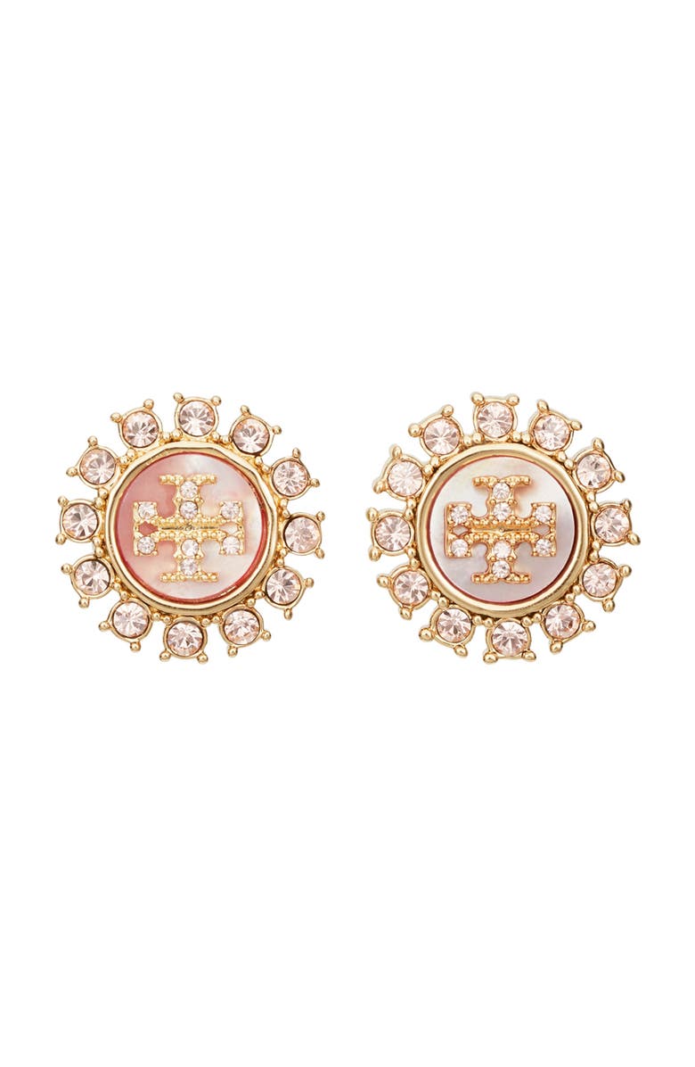 Tory Burch Moondance Mother-of-Pearl & Crystal Stud Earrings, Main, color, Tory Gold / Pink