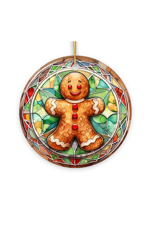 Gingerbread Man Stained Glass Style Ceramic Ornament