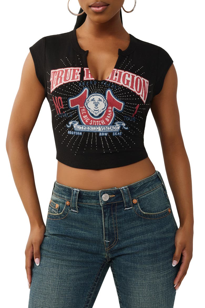 Crop Distressed Buddha Crystal Graphic T-Shirt, Main, color, JET BLACK