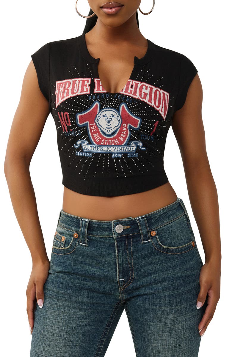 True Religion Crop Distressed Buddha Crystal Graphic T-Shirt, Main, color, 