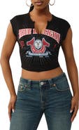 True Religion Crop Distressed Buddha Crystal Graphic T-Shirt