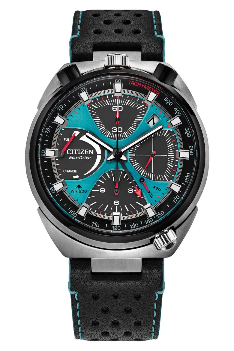 Promaster Tsuno Chronograph Racer Leather Strap Watch, 44.5mm, Main, color, BLACK/ BLUE