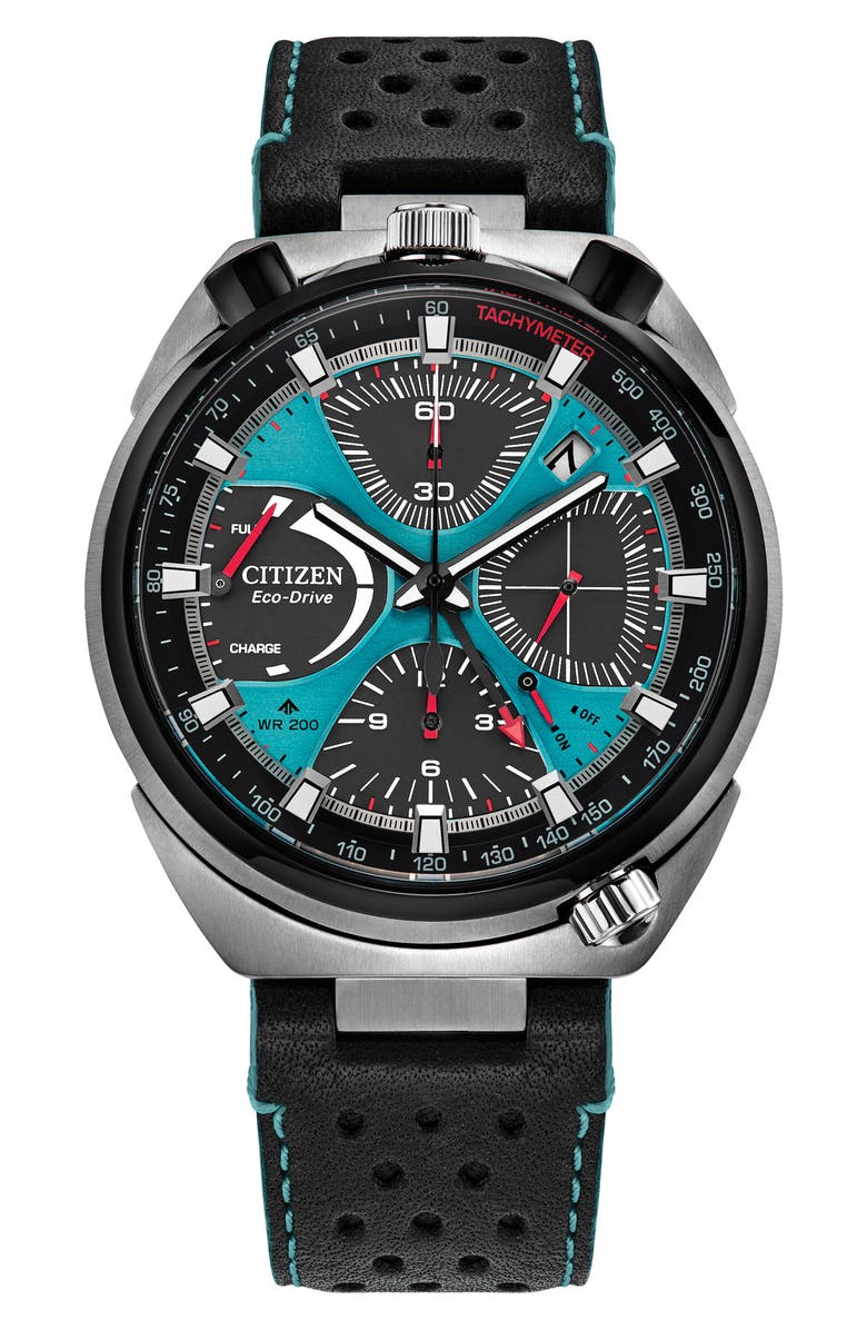 Citizen Promaster Tsuno Chronograph Racer Leather Strap Watch, 44.5mm, Main, color, Black/ Blue