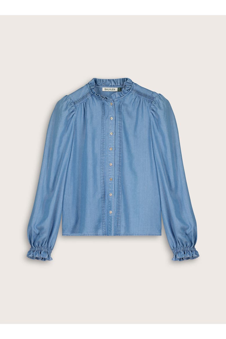 Zoe Frill Neck Blouse, Alternate, color, Mid Indigo