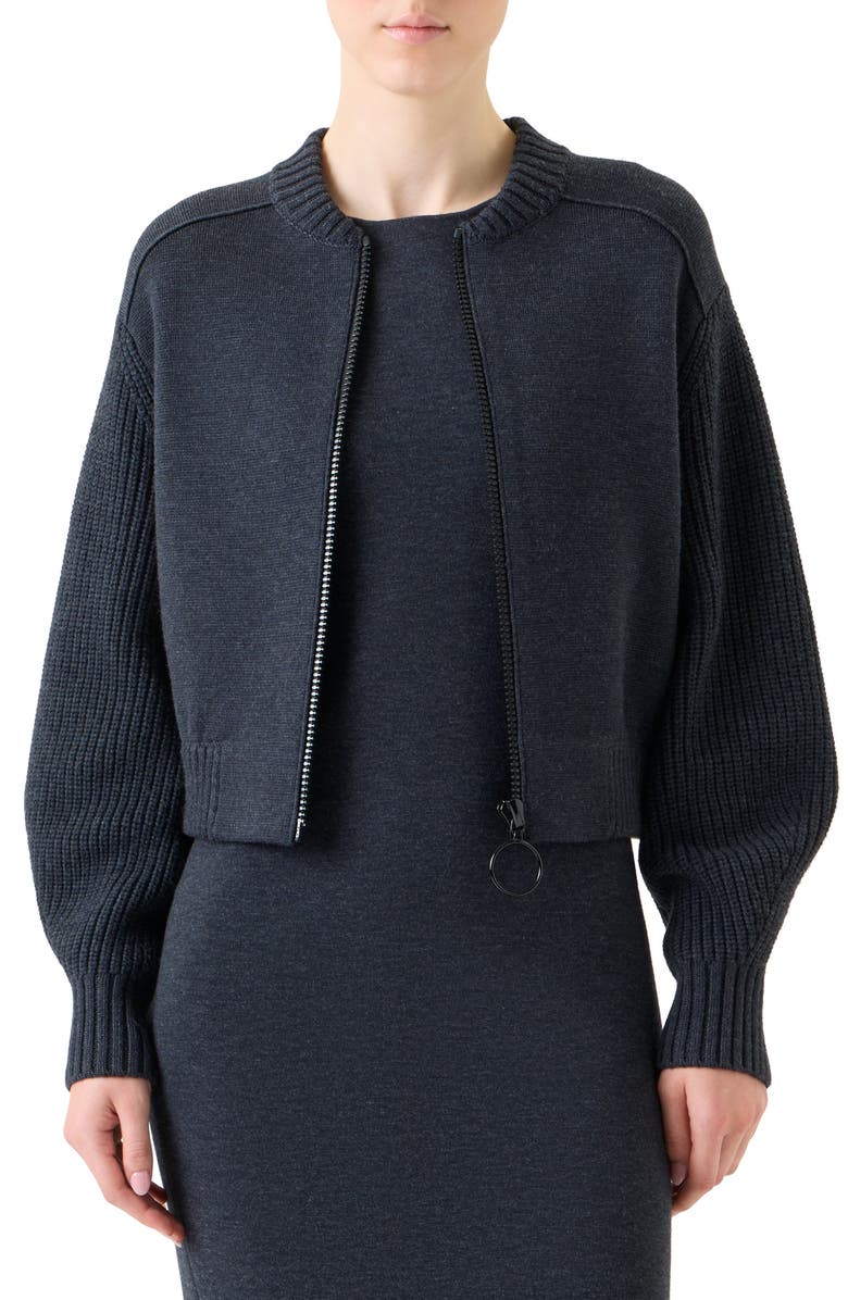 Akris punto Stretch Virgin Wool Bomber Jacket, Main, color, Charcoal