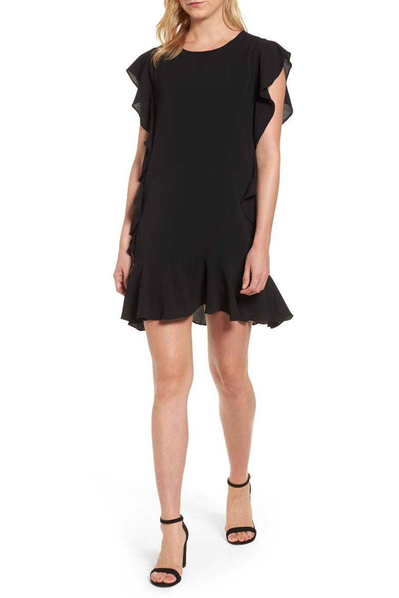 Flutter Sleeve Shift Dress, Main, color, BLACK