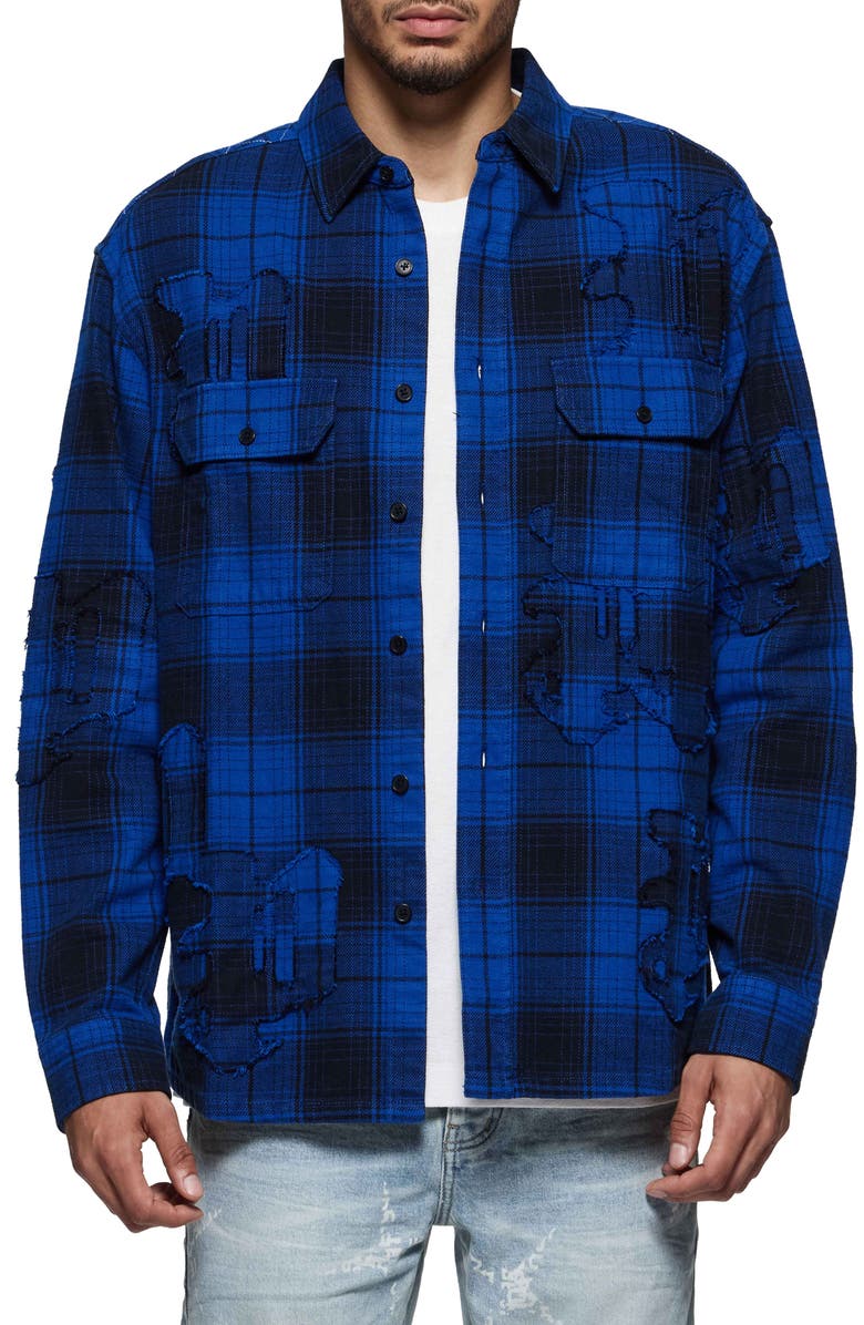 PURPLE BRAND Distressed Plaid Cotton Flannel Button-Up Shirt, Main, color, 