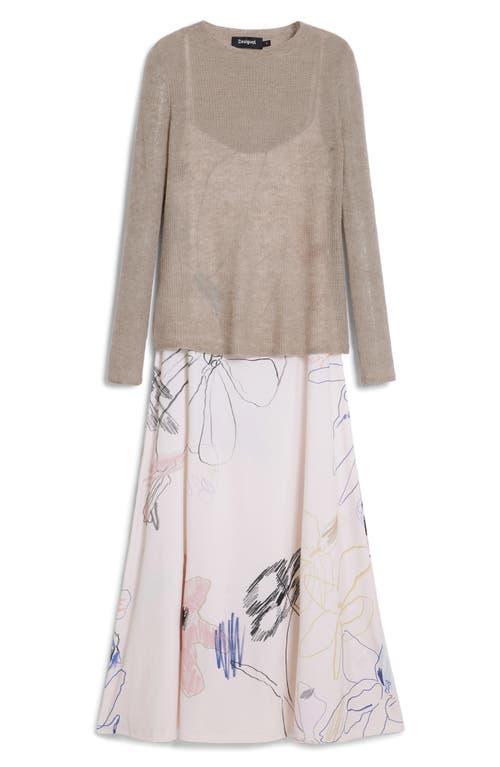 Desigual Mixed Media Long Sleeve Midi Dress In Multi