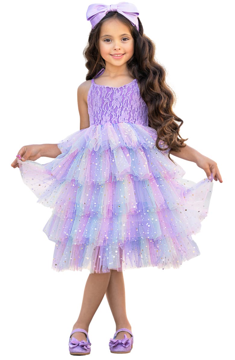 Mia Belle Girls Springtime Fairy Lace and Stars Tiered Girls Tutu Dress, Main, color, Purple