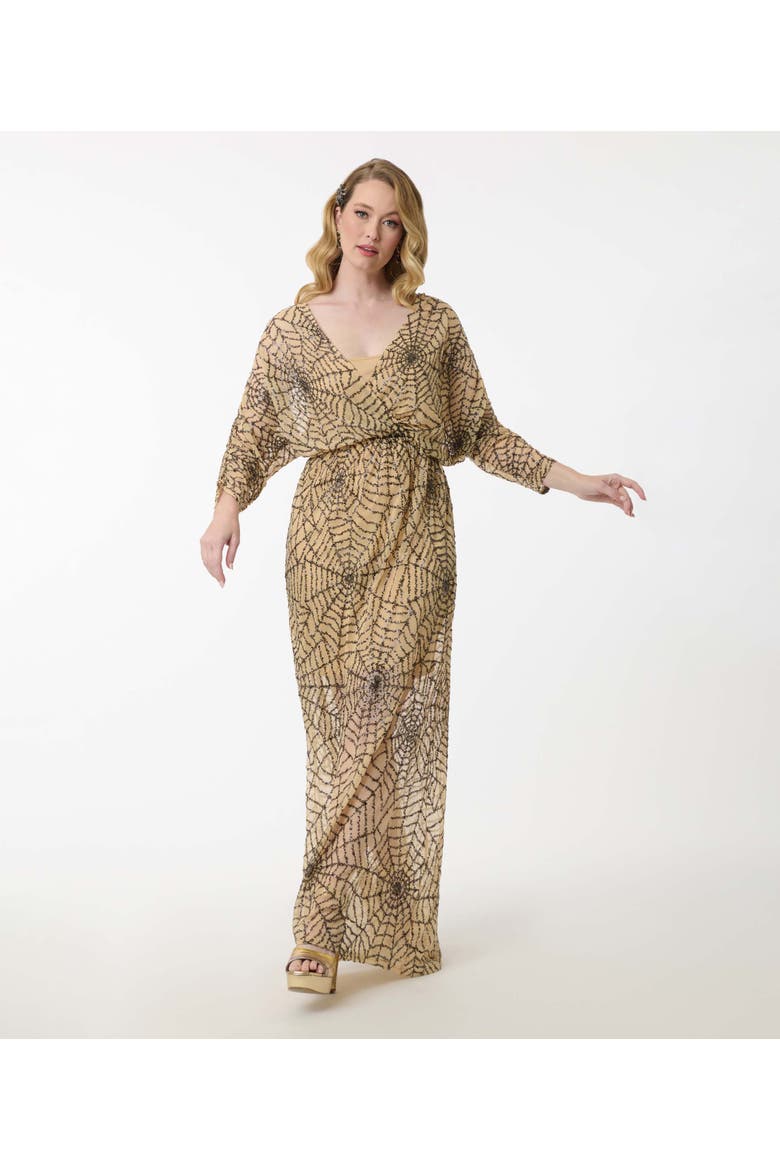 Sequin Faux Wrap Maxi Dress, Alternate, color, Beige Spider Web Print