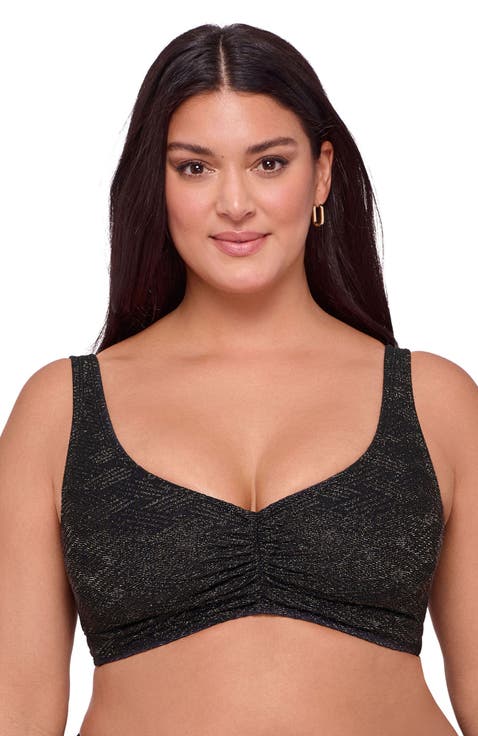 Supportive and Sculpting Basket Weave Banded Cinch Front Bikini Swimsuit Top