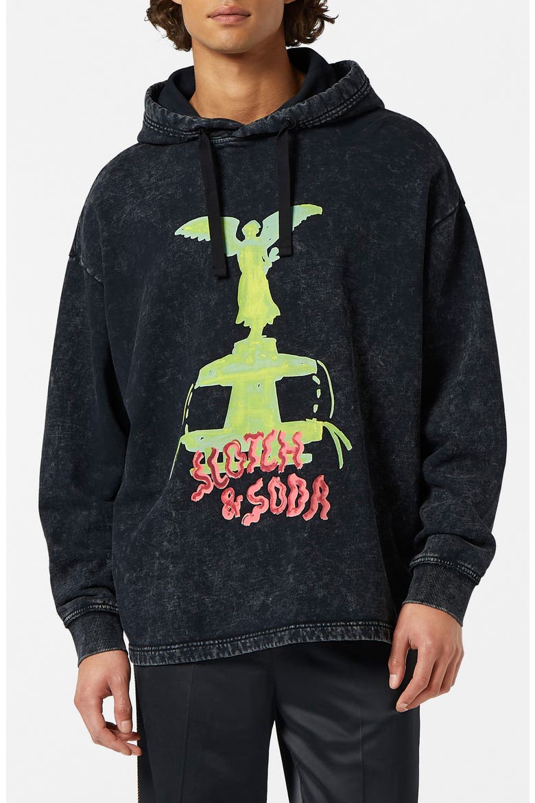 Relaxed Fit Washed Artwork Cotton Hoodie, Main, color, BLACK