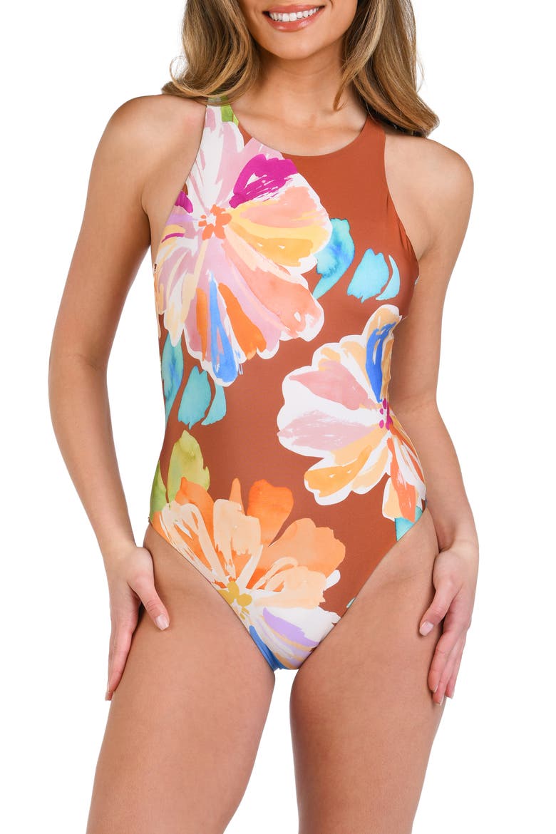 Saharan Sands High Neck One Piece Swimsuit, Main, color, CINNAMON