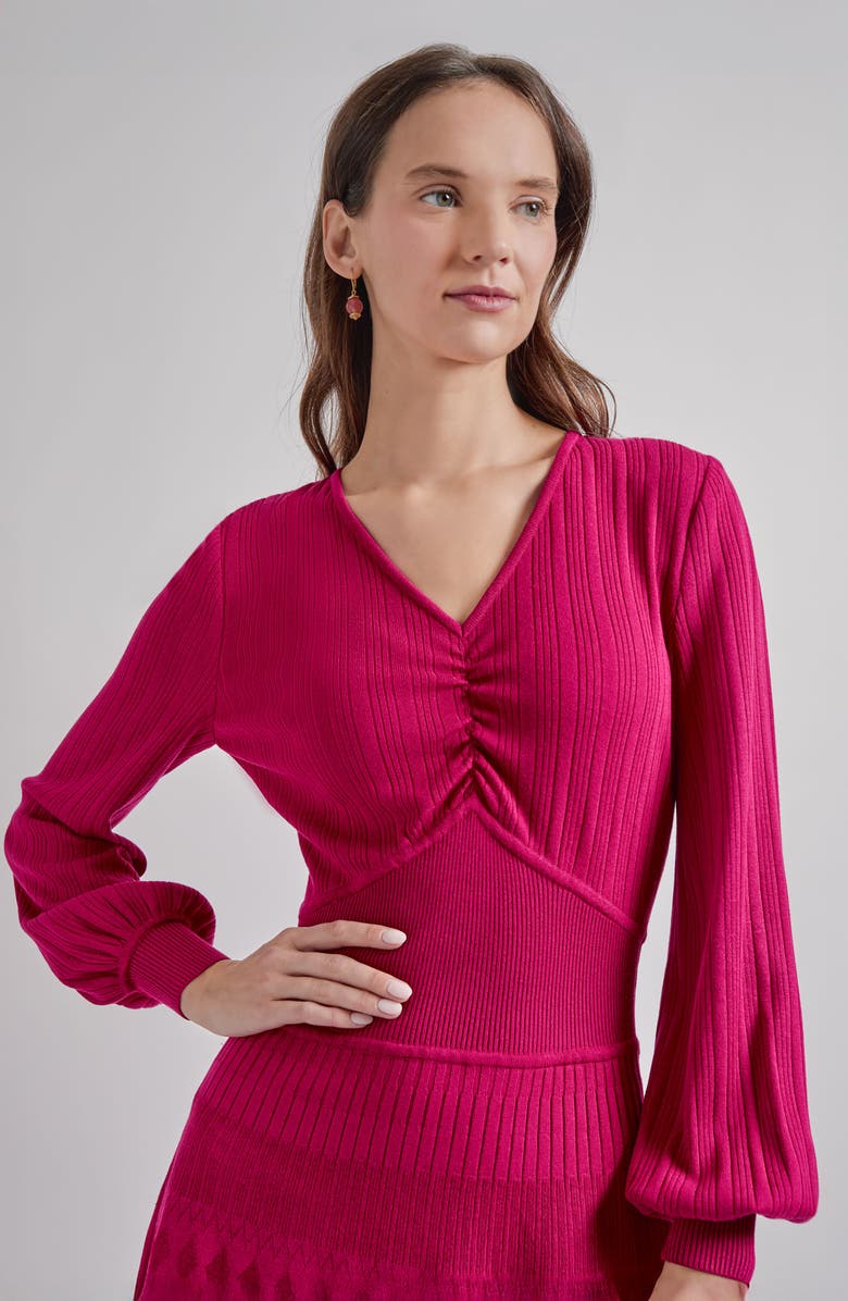 Misook Long Sleeve Fit & Flare Minidress, Alternate, color, Pink Flash