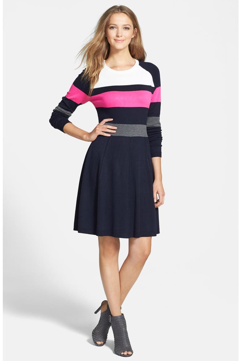 Colorblock Fit & Flare Sweater Dress, Alternate, color, MULTI