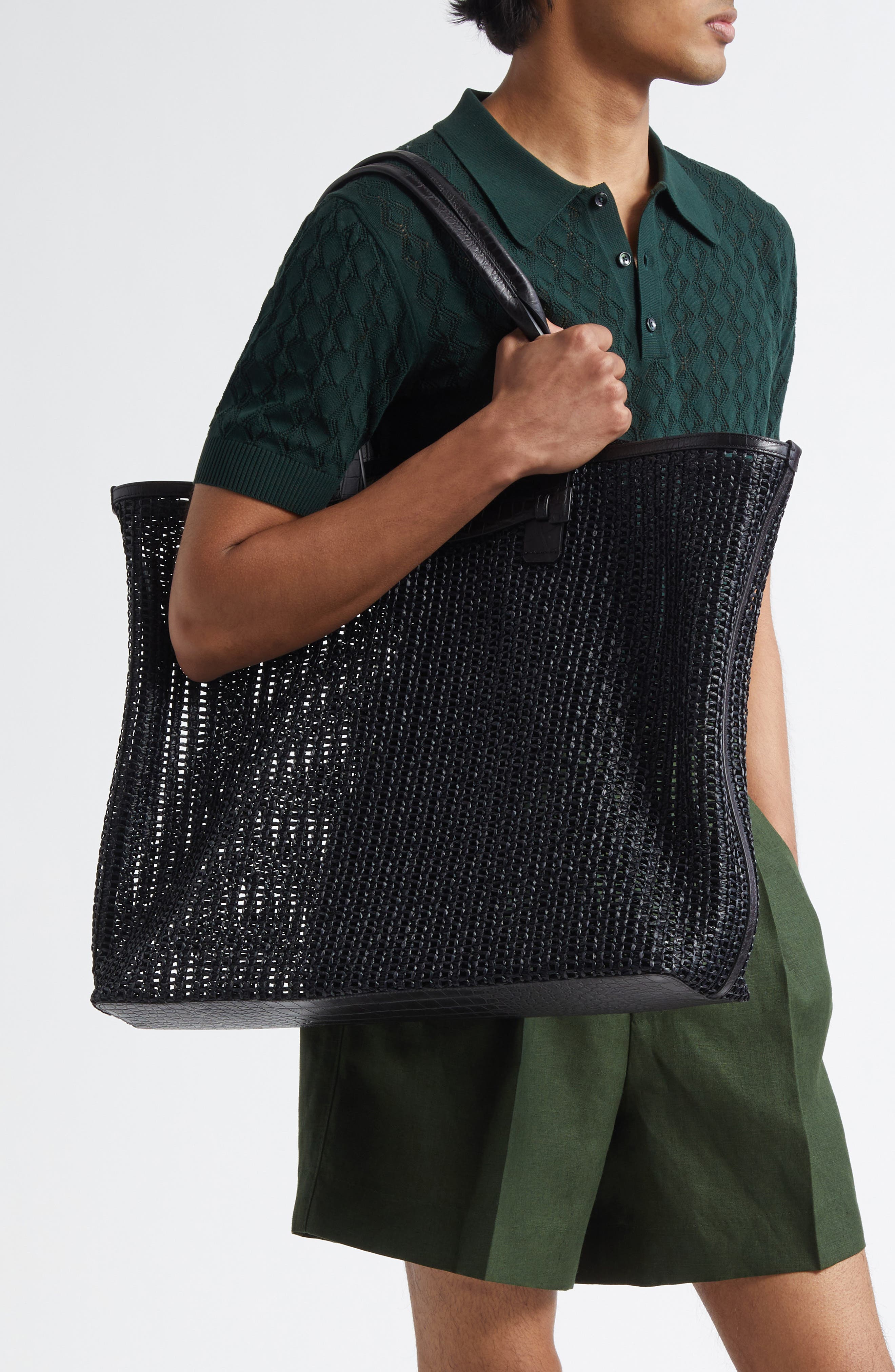 Dolce&Gabbana Adamo Woven Mesh 
Leather Shopper, Alternate, color, Black/ Black