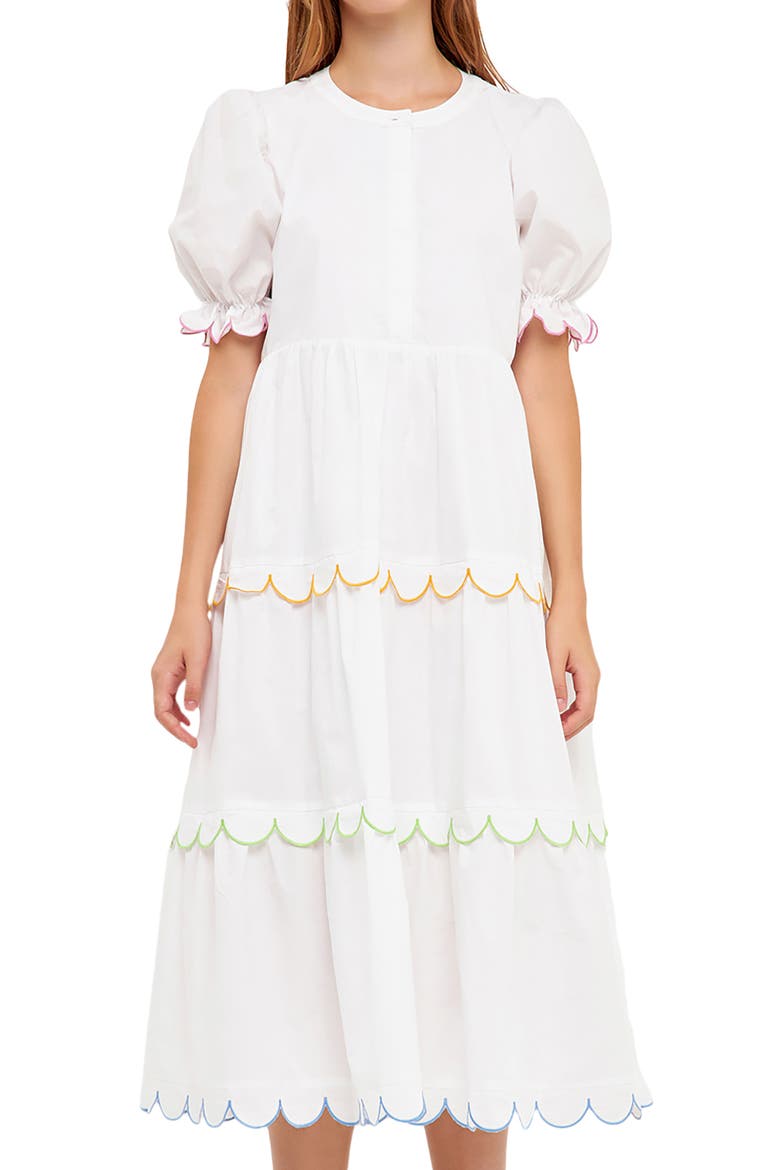 Contrast Scalloped Trim Cotton Midi Dress, Alternate, color, WHITE MULTI
