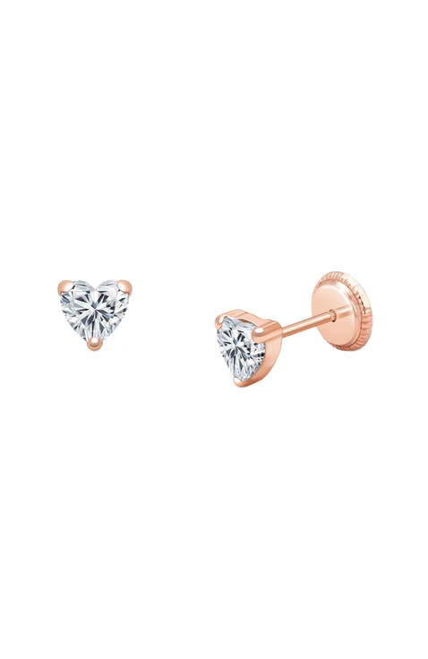 14K Gold 4mm Clear Heart Studs Screw Back Earrings