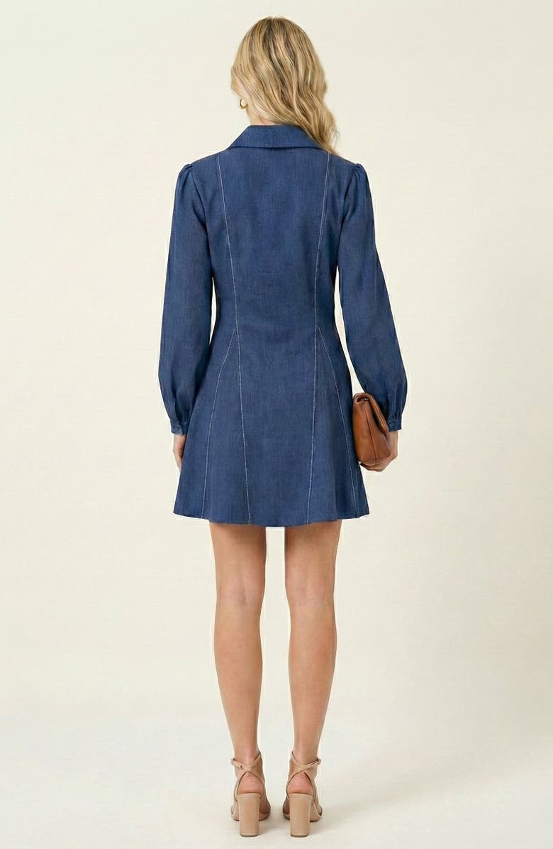 Modenaire Long-Sleeve Denim Contrast-Stitching Flared-Hem Shirt Dress, Alternate, color, Blue
