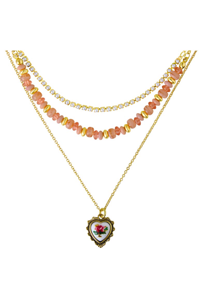 3-Piece Necklaces for Women, Layering Necklaces Gold-Tone | Triple Necklace Stack 3 Separate Lengths, Pink Bead and Pearl Embellishments, Rose and Heart Pendant, Main, color, Gold-Tone