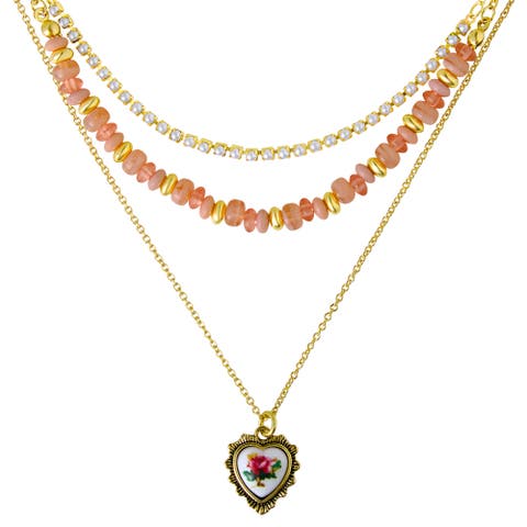 3-Piece Necklaces for Women, Layering Necklaces Gold-Tone | Triple Necklace Stack 3 Separate Lengths, Pink Bead and Pearl Embellishments, Rose and Heart Pendant