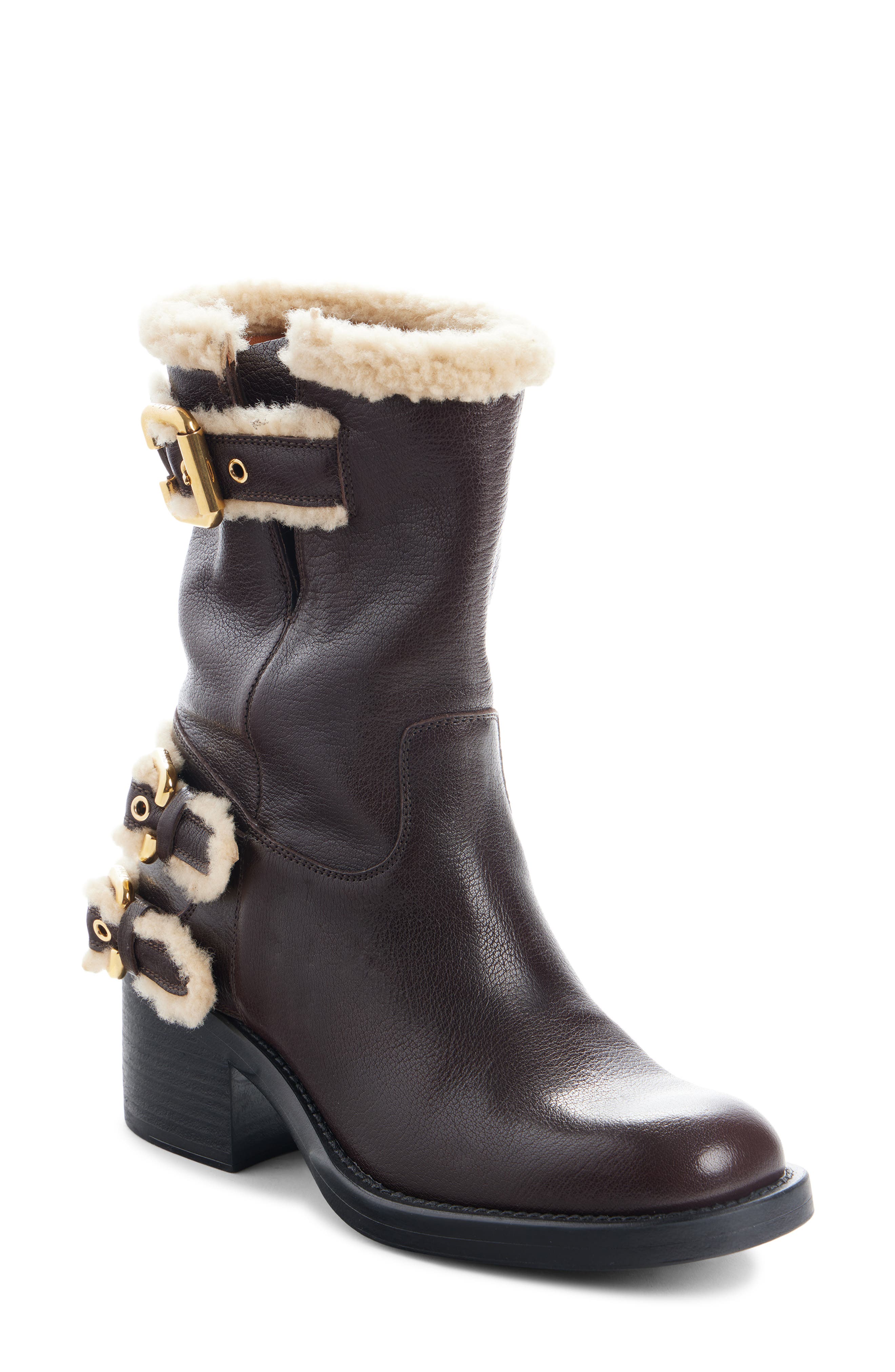 Chloé Genuine Shearling Dakota Boot, Main, color, Burnt Wood