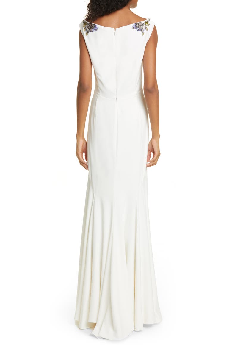 Alexander McQueen Embellished Neck Crepe Sheath Gown, Alternate, color, LIGHT IVORY