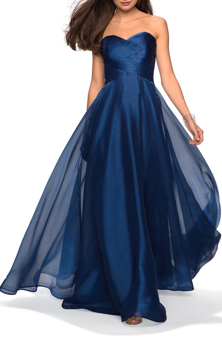 La Femme Strapless Chiffon Dress with Criss Cross Bodice Detail, Alternate, color, Navy