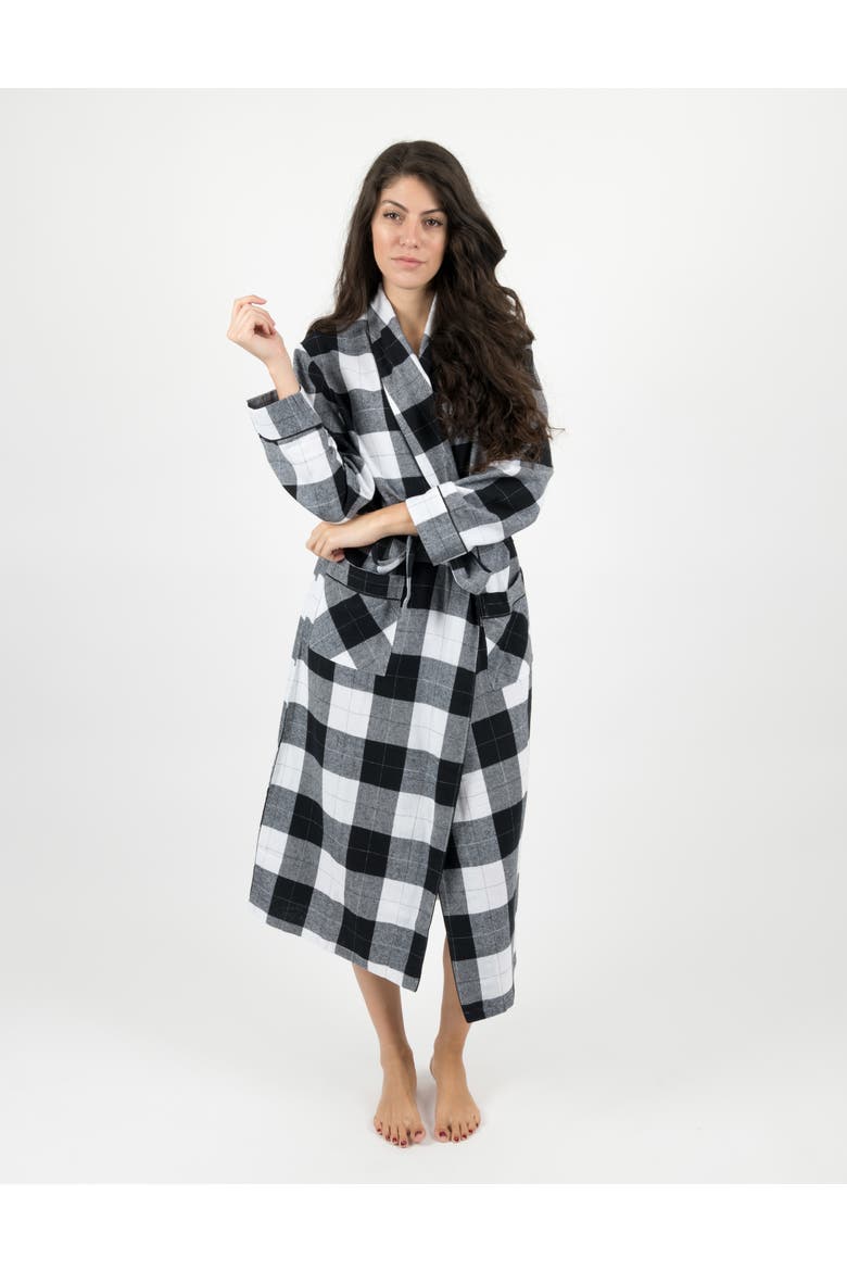 Women's Flannel Robe, 100% Cotton, Alternate, color, Plaid Black & White