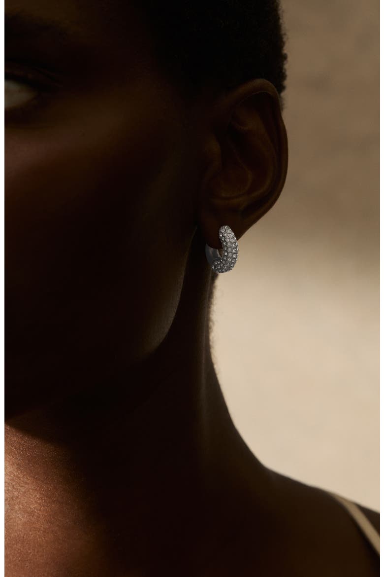 Amelia Pavé Huggie Hoop Earrings, Alternate, color, SILVER TONE/ CLEAR CRYSTAL