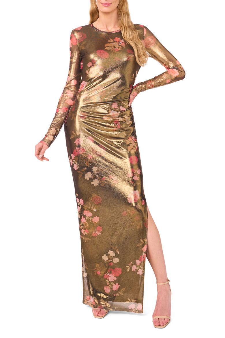 Nic Metallic Floral Long Sleeve Maxi Dress, Main, color, RED DAHLIAS