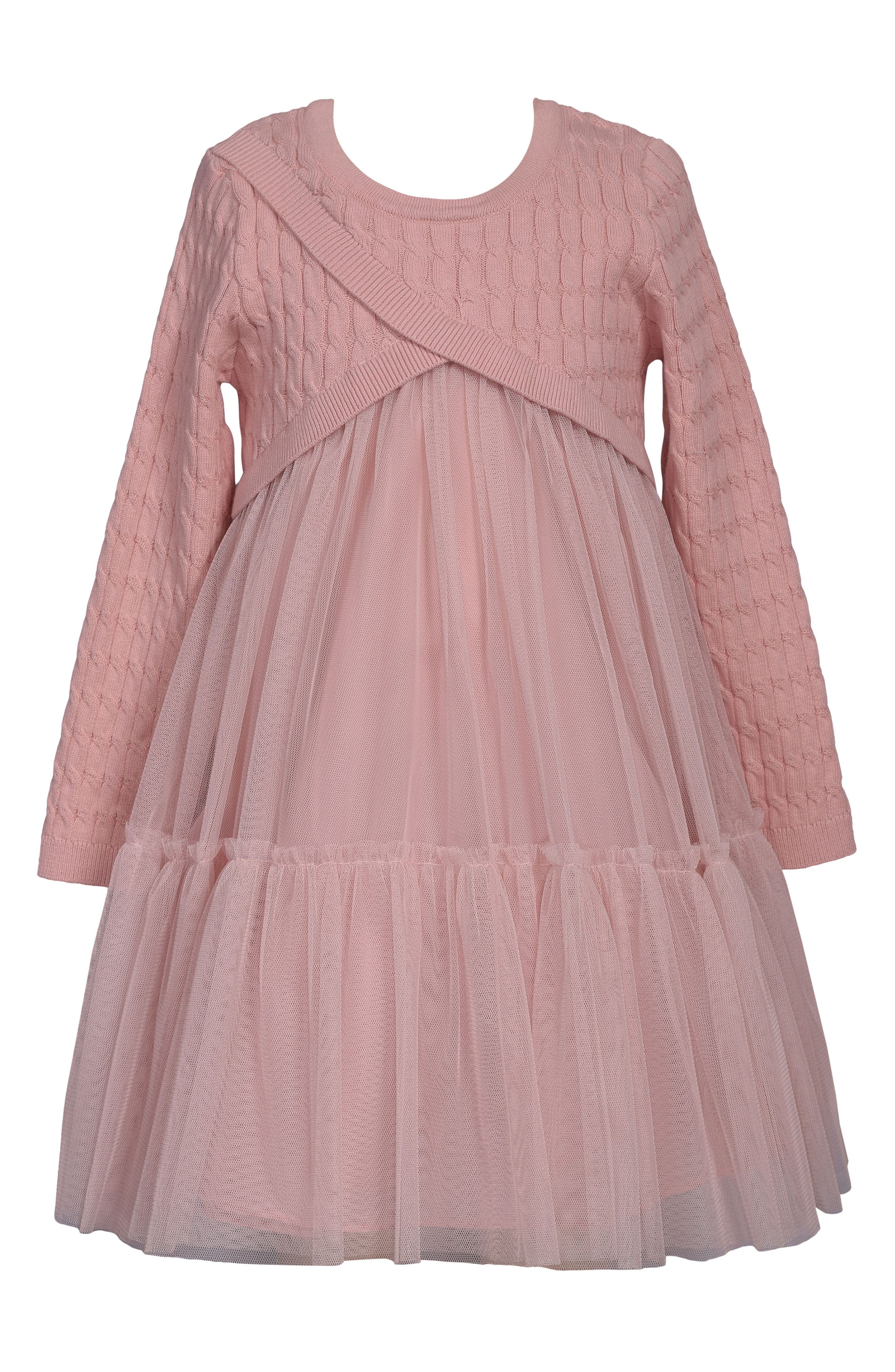Iris & Ivy Kids' MIxed Media Long Sleeve Tulle Dress in Light Pink 