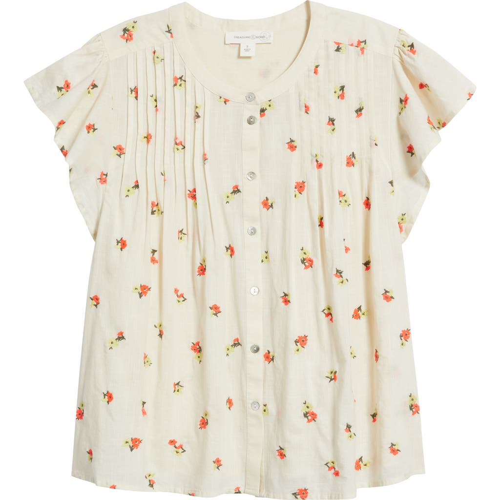 Treasure & Bond Floral Cotton Pintuck Flutter Sleeve Top