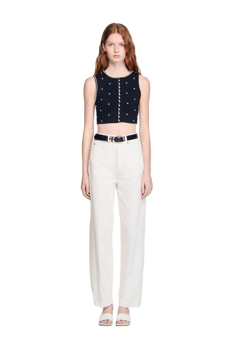Jewelled embroidered knit crop top, Alternate, color, Black