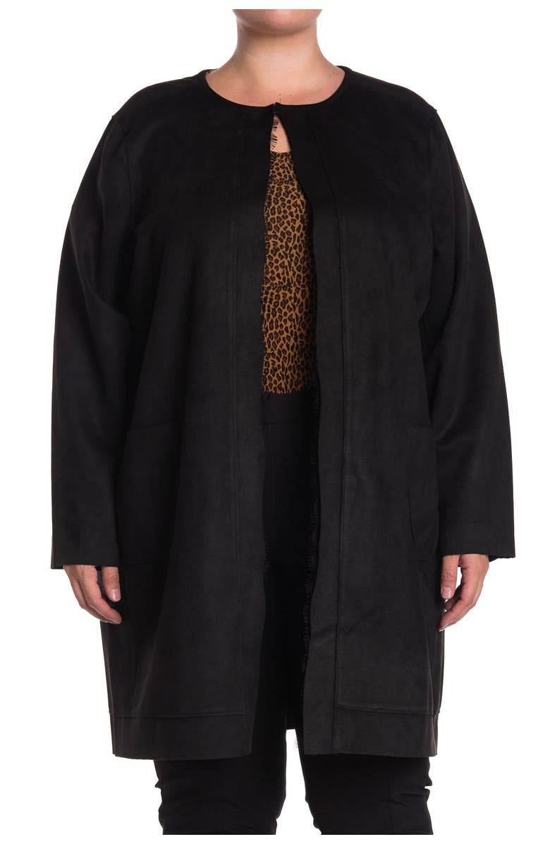 T Tahari Faux Suede Patch Pocket Long Cardigan, Alternate, color, 