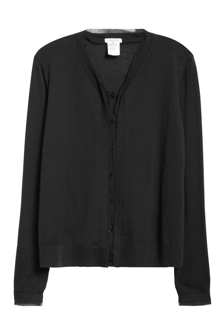 Chiffon Trim Cashmere Cardigan, Alternate, color, BLACK