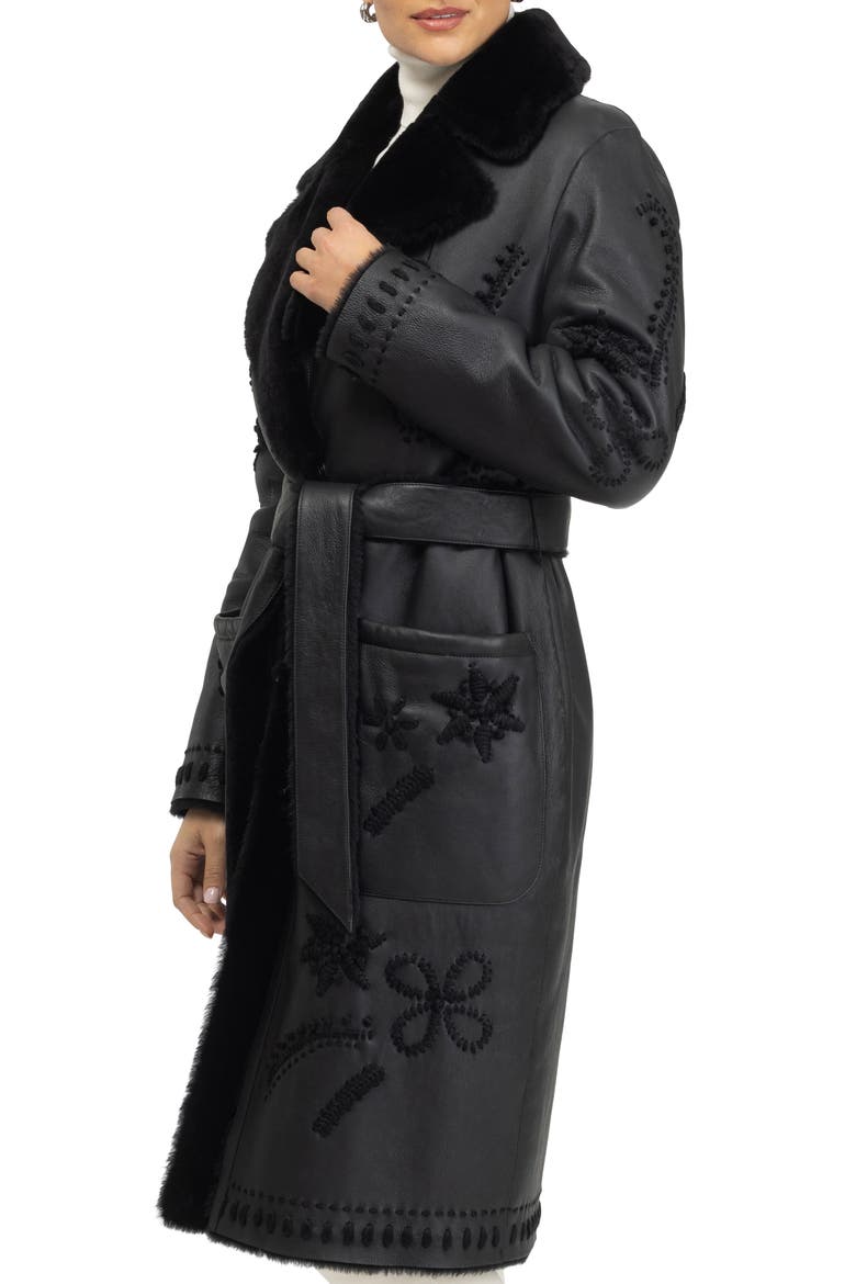 Genuine Shearling Short Coat with Embroidery, Belt, Alternate, color, BLACK/BLACK