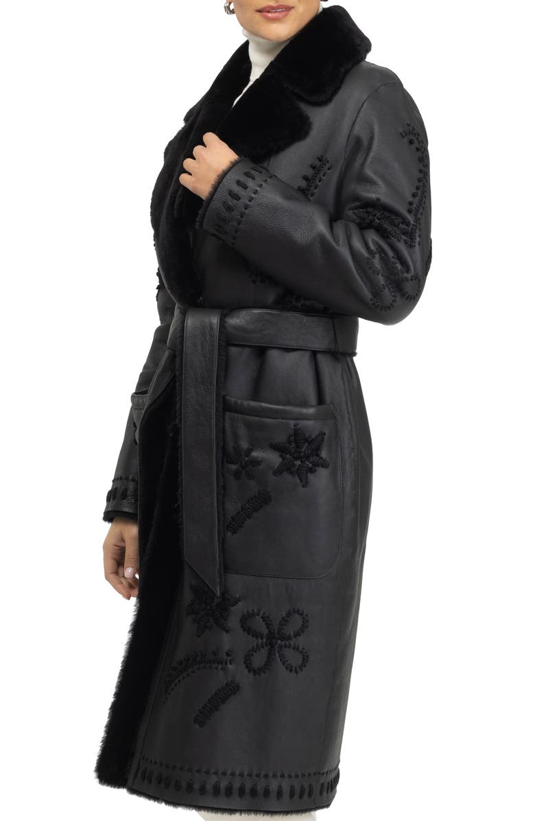 GORSKI Genuine Shearling Short Coat with Embroidery, Belt, Alternate, color, Black/Black