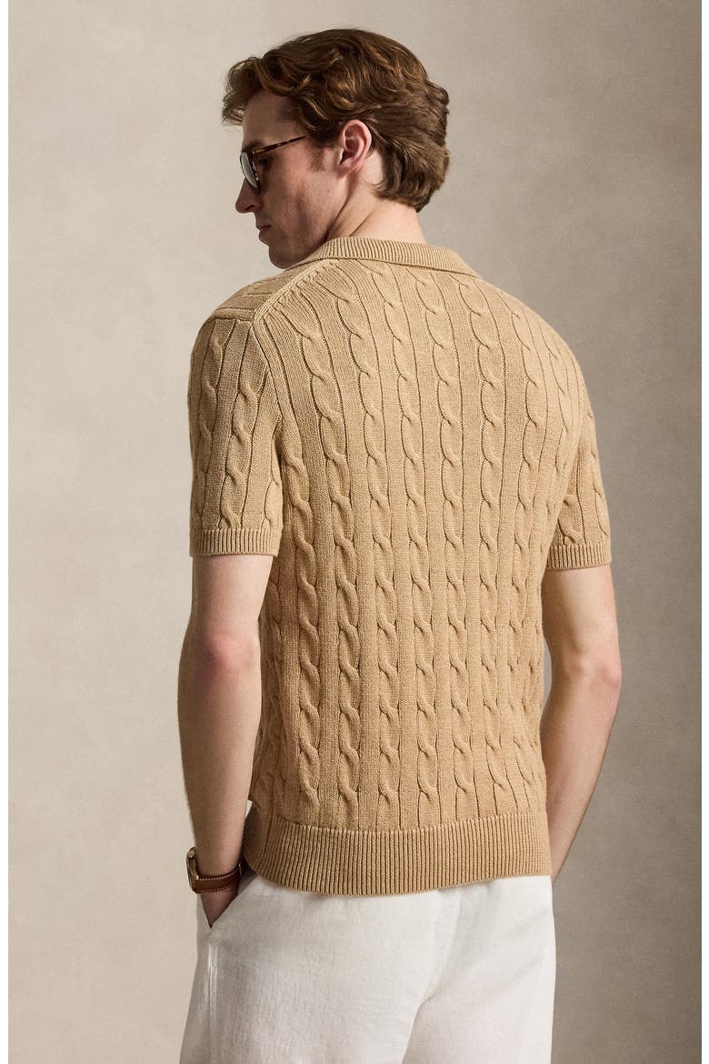 Cable-Knit Cotton Polo Sweater, Alternate, color, CAMEL MELANGE