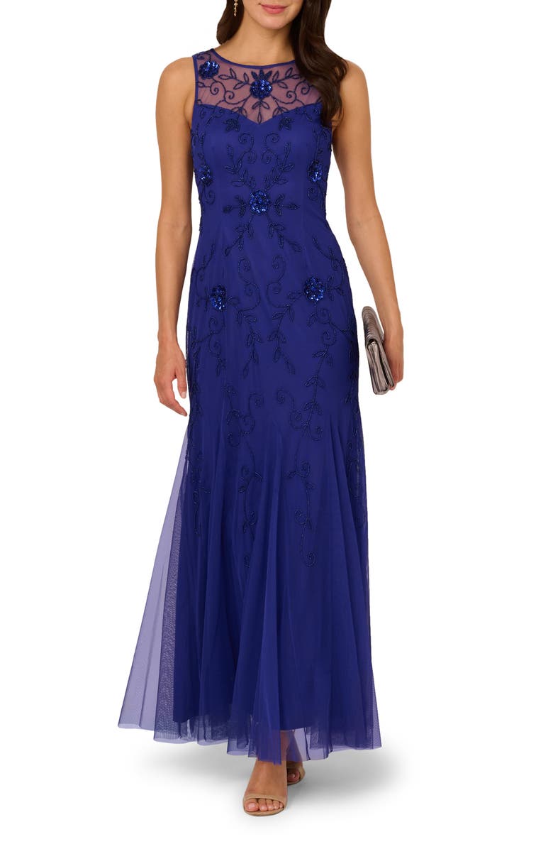 Adrianna Papell Beaded Appliqué Ruffle Crepe Gown, Main, color, Royal Sapphire