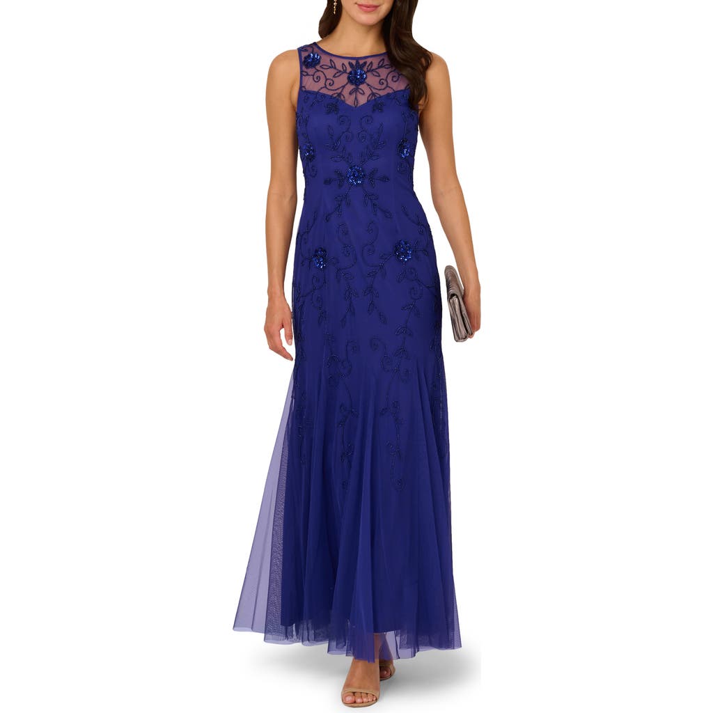 Adrianna Papell Placed Beaded Floral Mesh Mermaid Gown In Blue