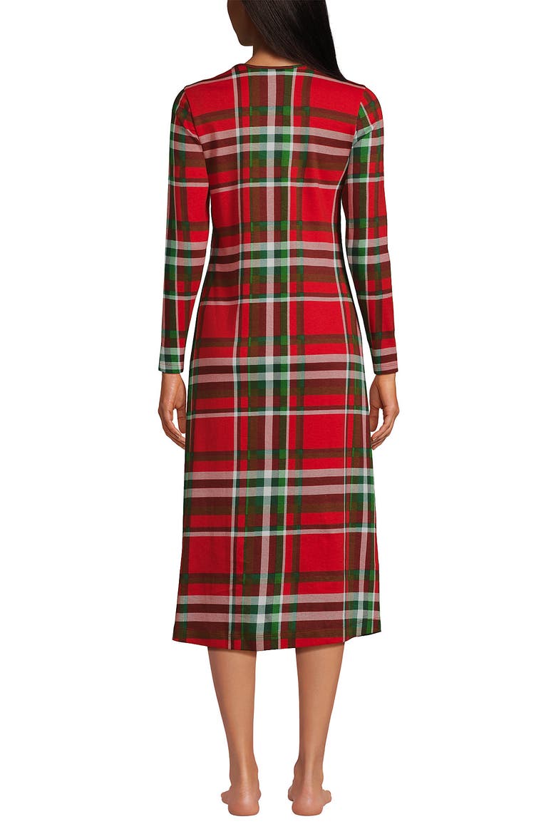 Cotton Long Sleeve Midcalf Nightgown, Alternate, color, Compass Red/Emerald Plaid